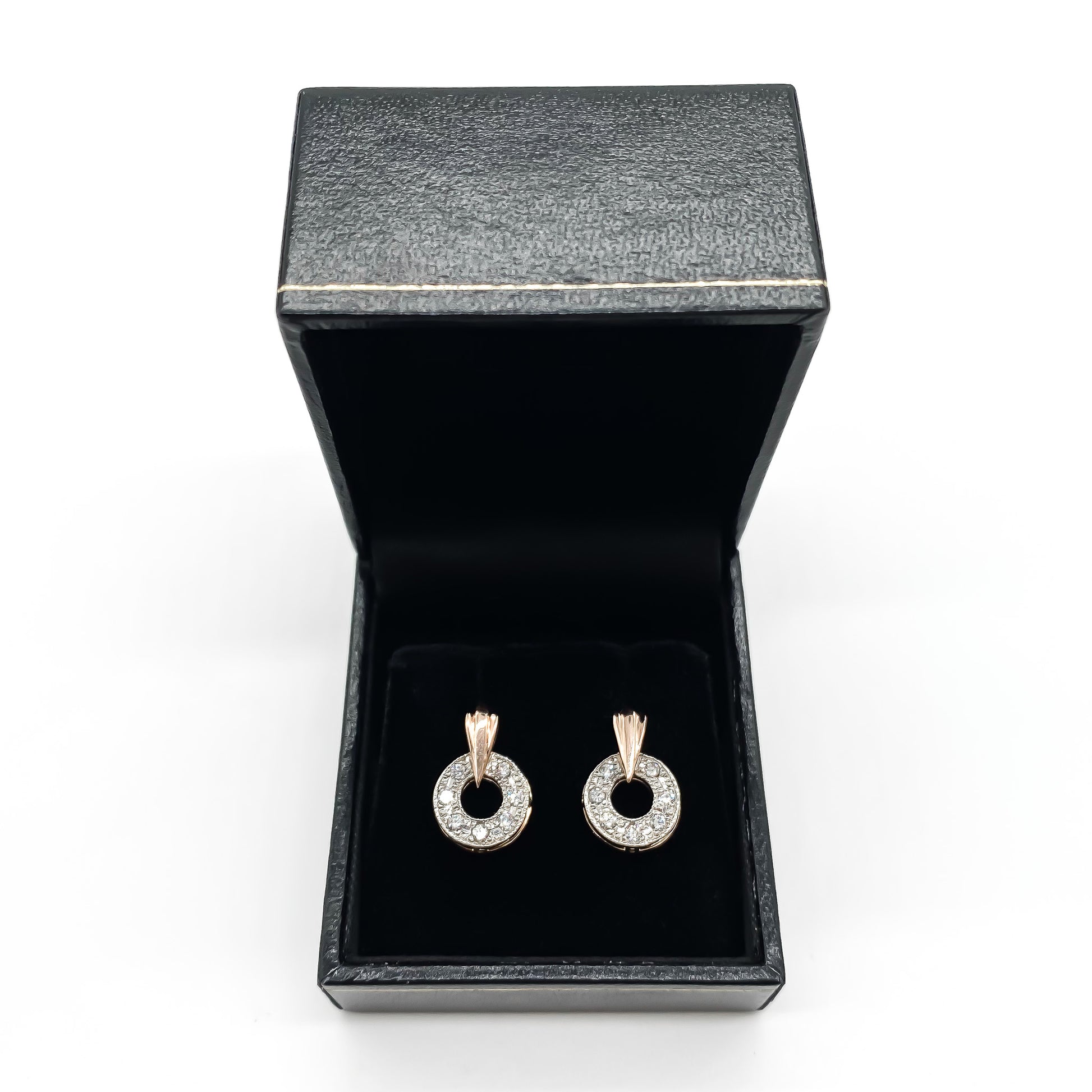 Stylish Art Deco 15ct rose and white gold drop earrings with sparkling pavé set diamonds. 