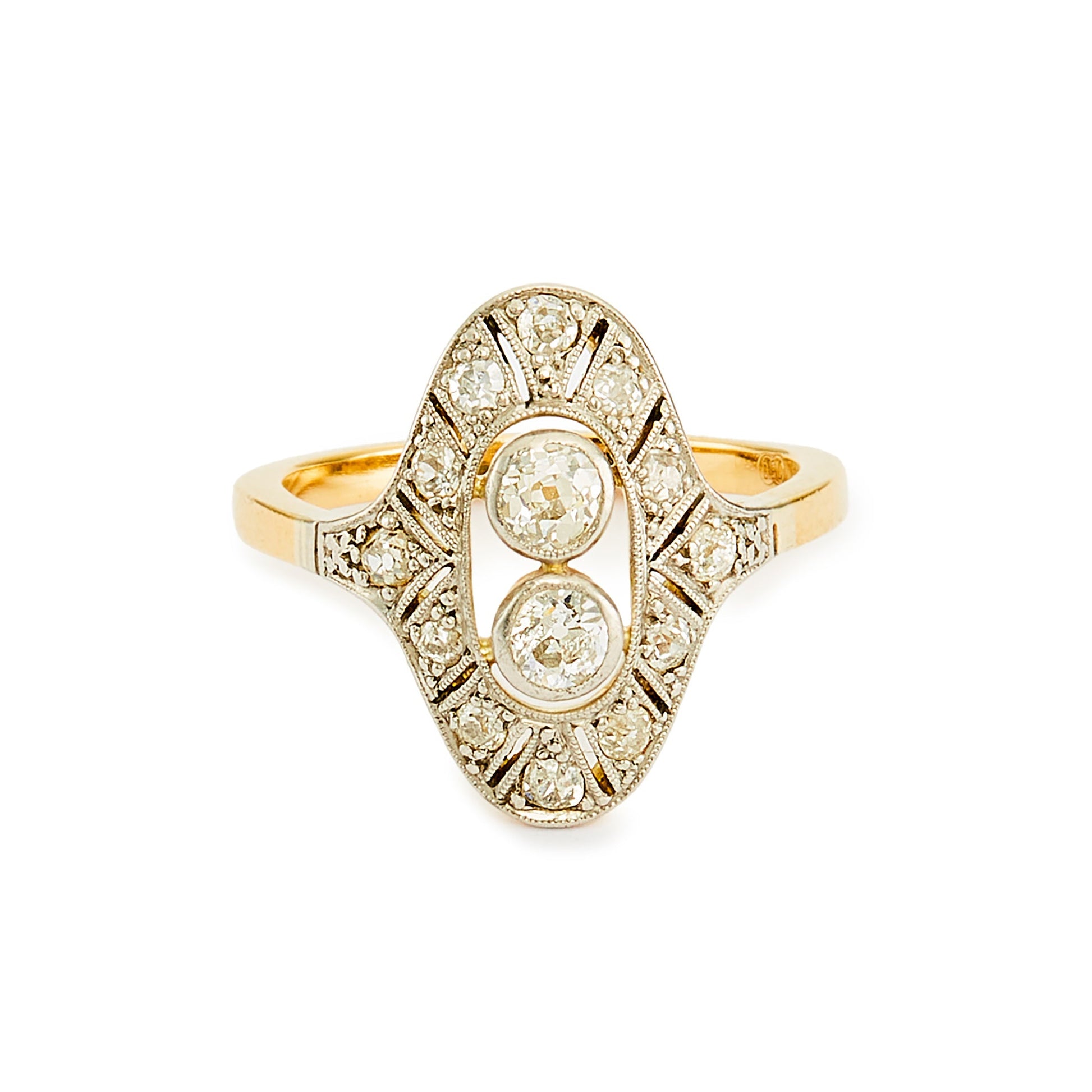 Stunning Art Deco ring with two centre, natural, old-cut diamonds, surrounded by twelve smaller old cut diamonds in an intricate 18ct white gold milgrain setting, with an 18ct yellow gold shank.