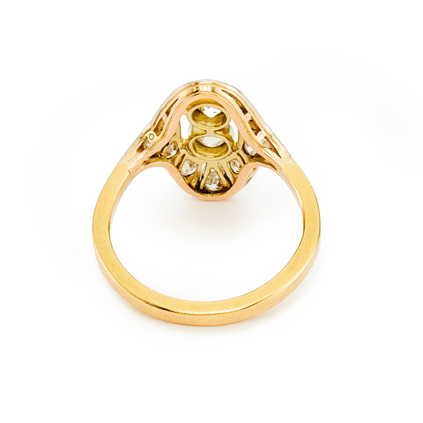 Stunning Art Deco ring with two centre, natural, old-cut diamonds, surrounded by twelve smaller old cut diamonds in an intricate 18ct white gold milgrain setting, with an 18ct yellow gold shank.