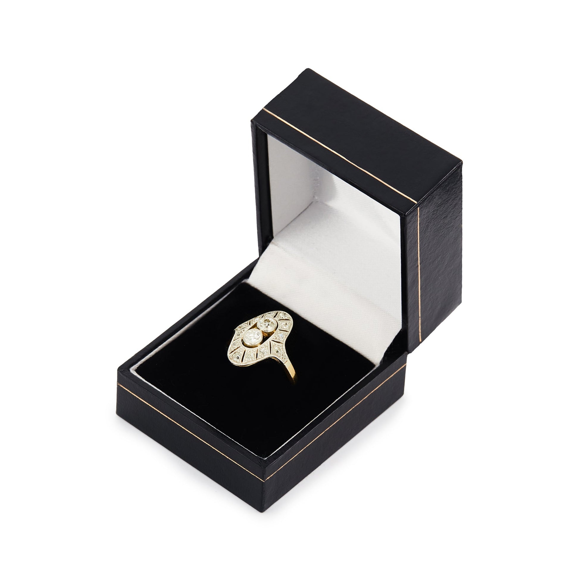Stunning Art Deco ring with two centre, natural, old-cut diamonds, surrounded by twelve smaller old cut diamonds in an intricate 18ct white gold milgrain setting, with an 18ct yellow gold shank.