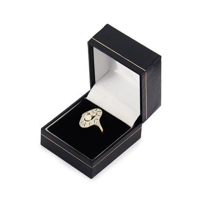 Stunning Art Deco ring with two centre, natural, old-cut diamonds, surrounded by twelve smaller old cut diamonds in an intricate 18ct white gold milgrain setting, with an 18ct yellow gold shank.