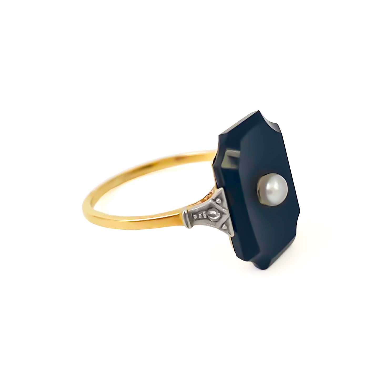 Stylish 18ct gold Art Deco onyx ring set with a single seed pearl and a mine cut diamond on each shoulder.