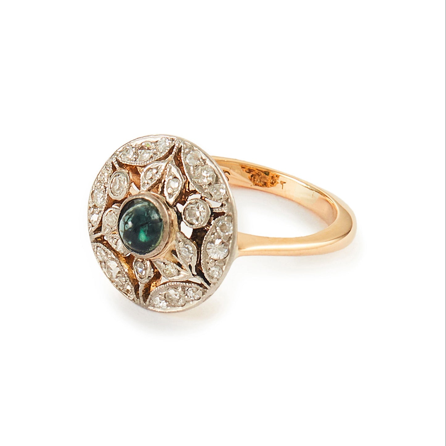 Exquisite Art Deco 18ct yellow and white gold ring set with twenty-one small natural diamonds and a centre deep-green cabochon tourmaline.