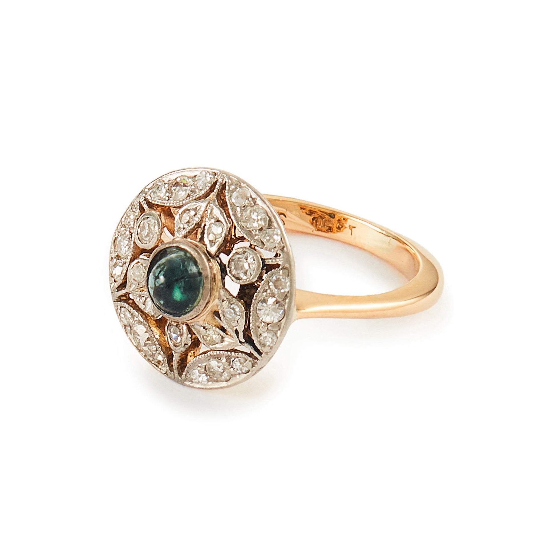 Exquisite Art Deco 18ct yellow and white gold ring set with twenty-one small natural diamonds and a centre deep-green cabochon tourmaline.