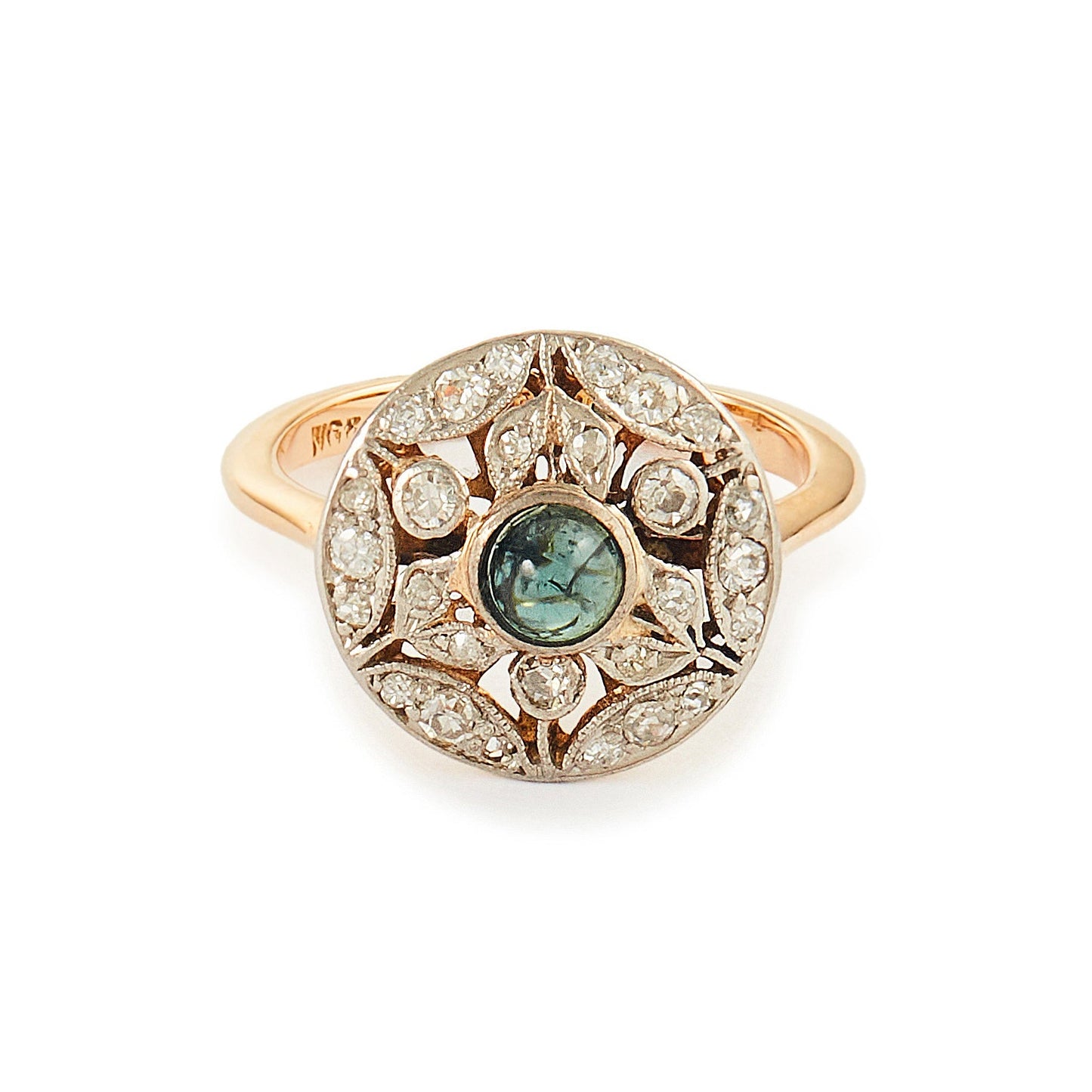 Exquisite Art Deco 18ct yellow and white gold ring set with twenty-one small natural diamonds and a centre deep-green cabochon tourmaline.