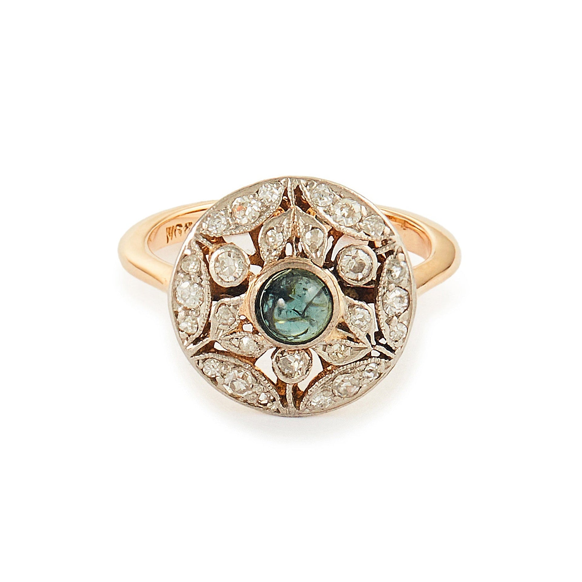 Exquisite Art Deco 18ct yellow and white gold ring set with twenty-one small natural diamonds and a centre deep-green cabochon tourmaline.