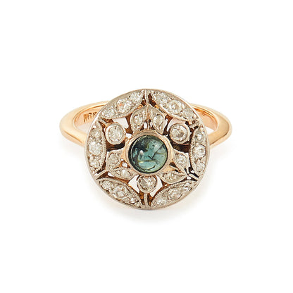 Exquisite Art Deco 18ct yellow and white gold ring set with twenty-one small natural diamonds and a centre deep-green cabochon tourmaline.