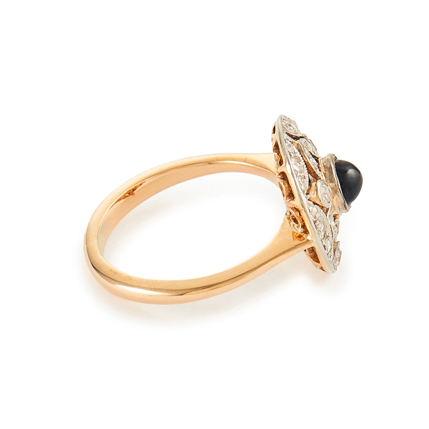 Exquisite Art Deco 18ct yellow and white gold ring set with twenty-one small natural diamonds and a centre deep-green cabochon tourmaline.