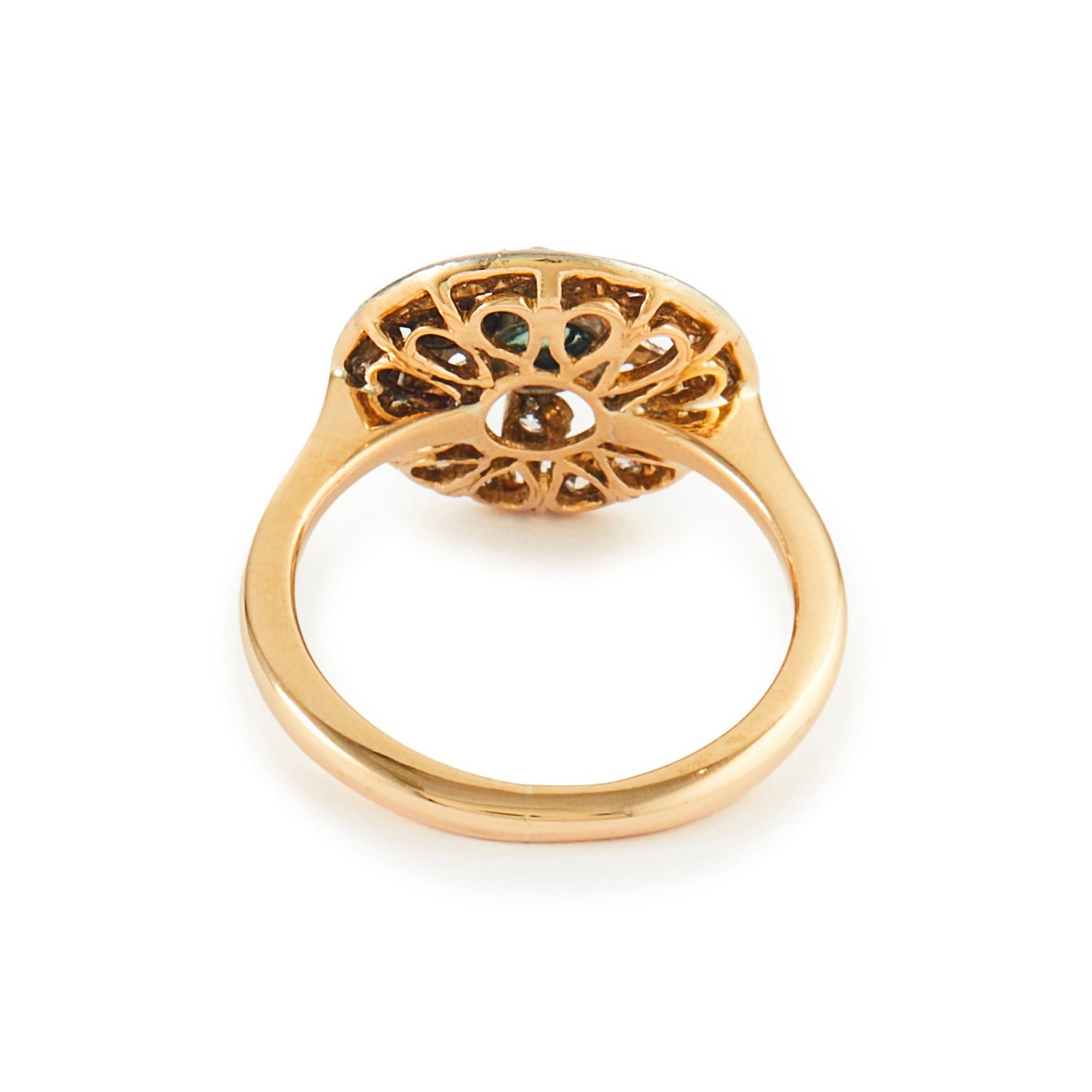 Exquisite Art Deco 18ct yellow and white gold ring set with twenty-one small natural diamonds and a centre deep-green cabochon tourmaline.