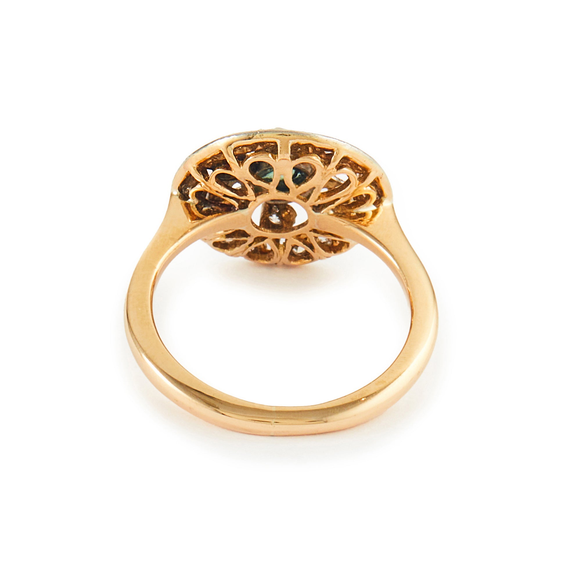 Exquisite Art Deco 18ct yellow and white gold ring set with twenty-one small natural diamonds and a centre deep-green cabochon tourmaline.