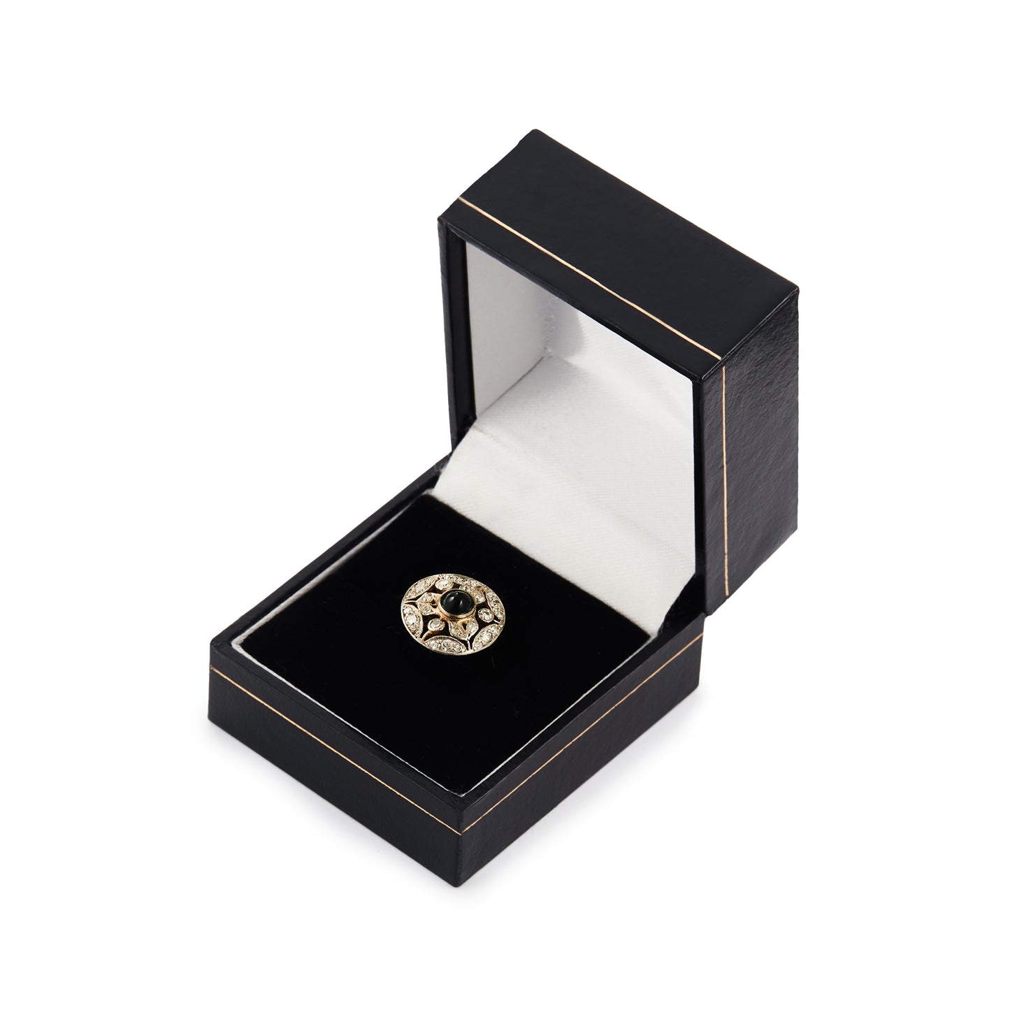 Exquisite Art Deco 18ct yellow and white gold ring set with twenty-one small natural diamonds and a centre deep-green cabochon tourmaline.