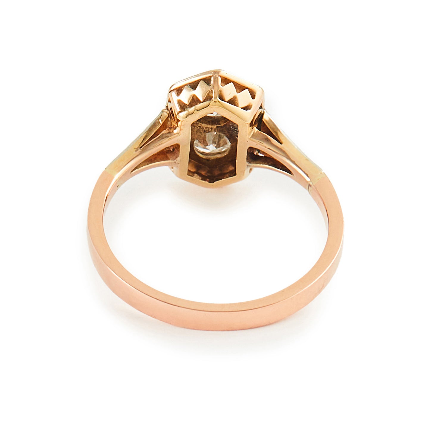 Gorgeous Art Deco 18ct rose gold and platinum ring set with two round 0.20ct sparkling diamonds.