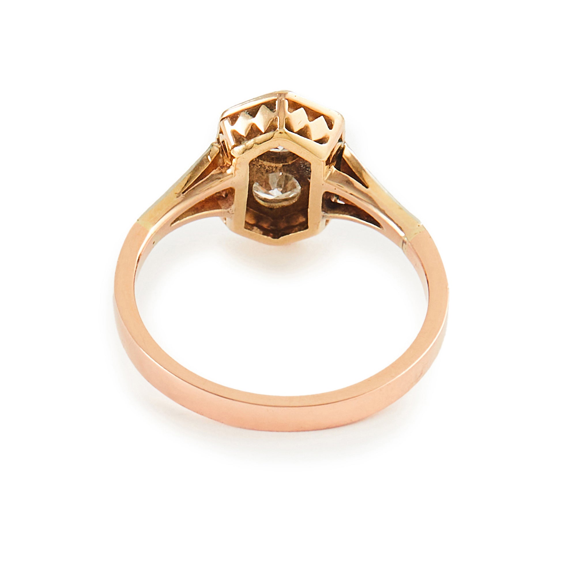 Gorgeous Art Deco 18ct rose gold and platinum ring set with two round 0.20ct sparkling diamonds.