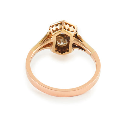 Gorgeous Art Deco 18ct rose gold and platinum ring set with two round 0.20ct sparkling diamonds.