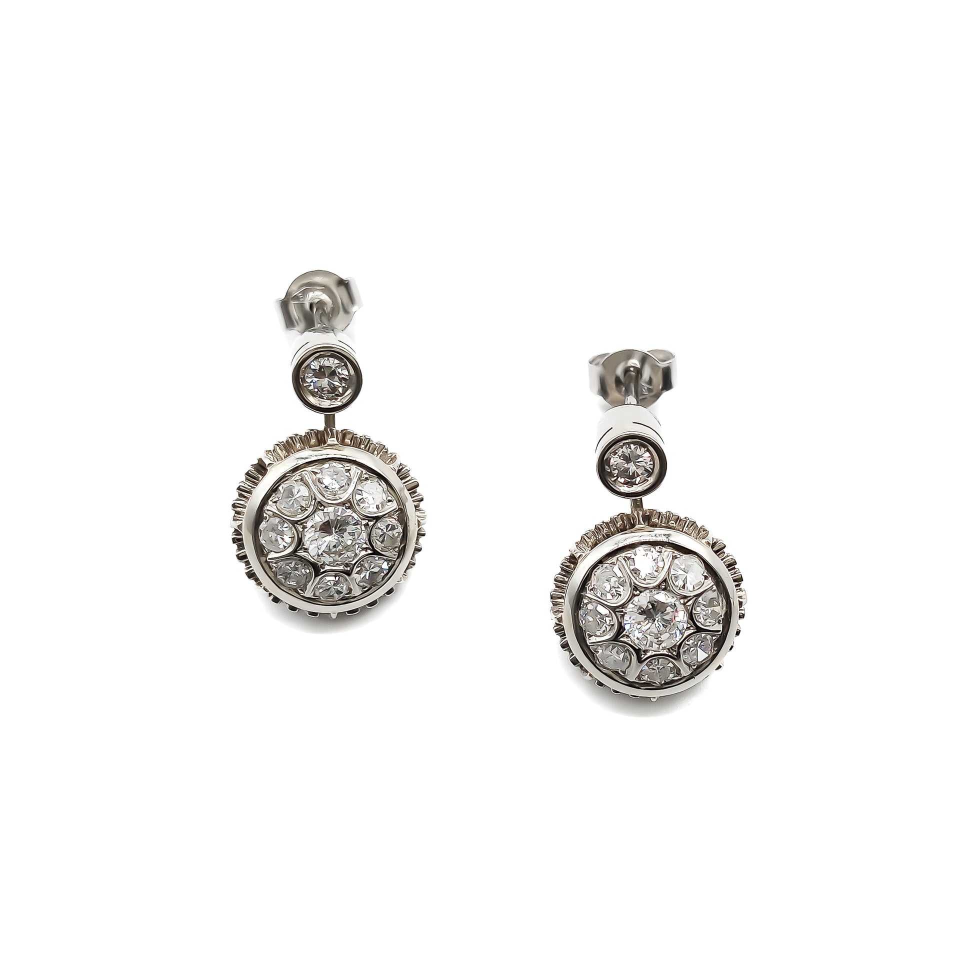 Stunning 18ct white gold Art Deco drop earrings, each set with nine sparkling diamonds.