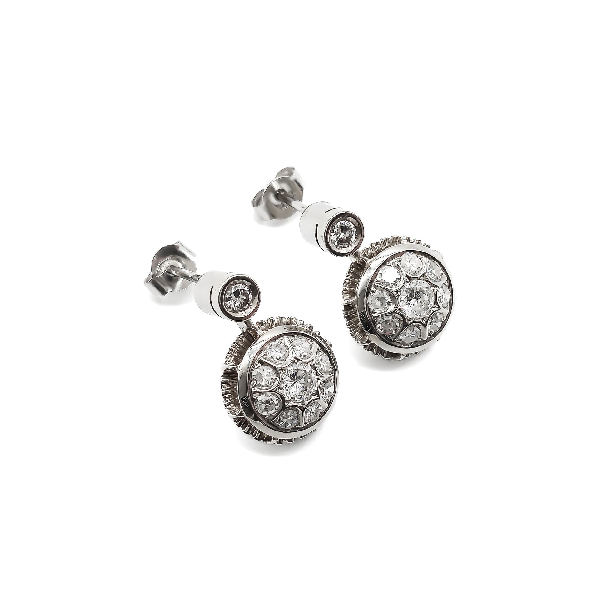 Stunning 18ct white gold Art Deco drop earrings, each set with nine sparkling diamonds.