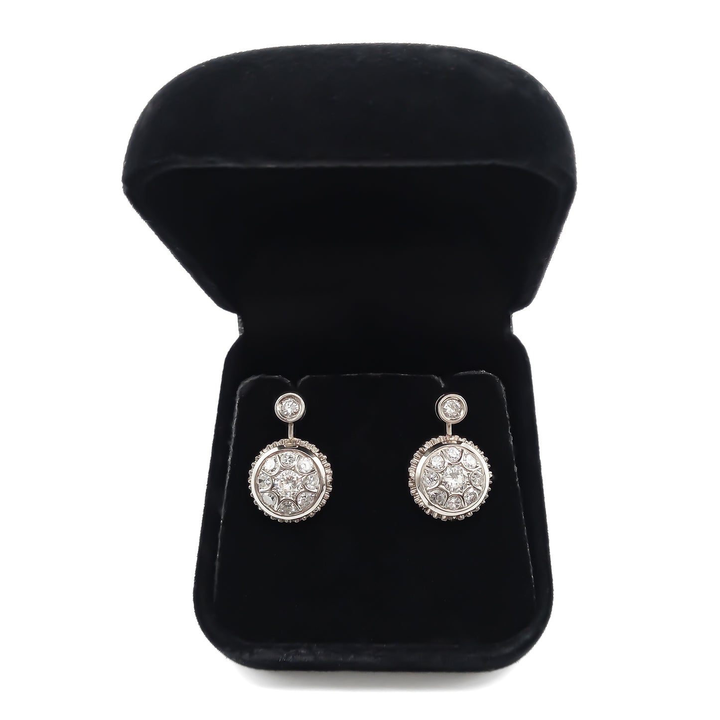 Stunning 18ct white gold Art Deco drop earrings, each set with nine sparkling diamonds.