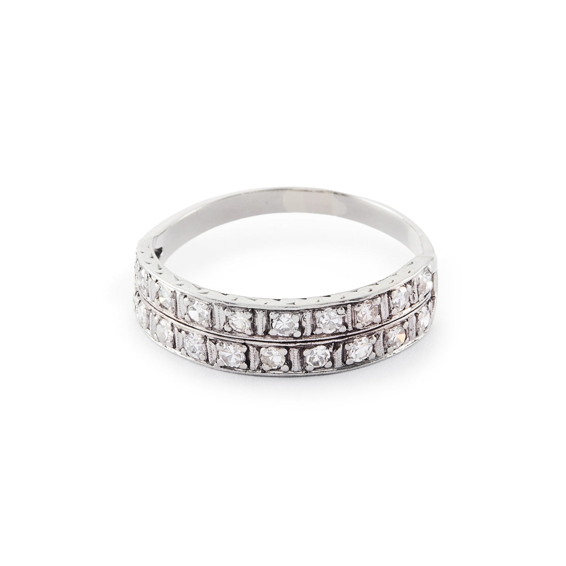 Stylish Art Deco platinum double band half-eternity ring set with twenty 0.05ct diamonds. Circa 1920’s