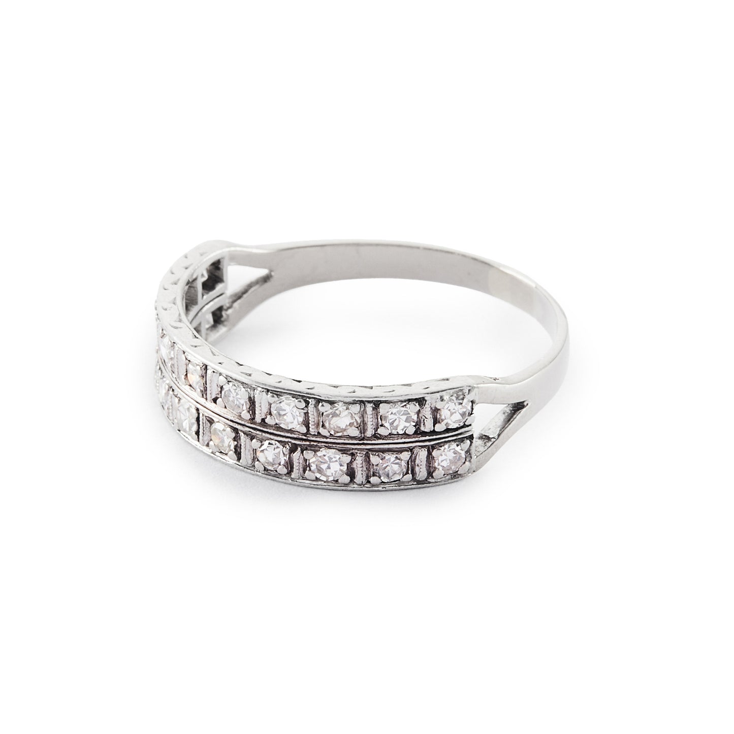 Stylish Art Deco platinum double band half-eternity ring set with twenty 0.05ct diamonds. Circa 1920’s