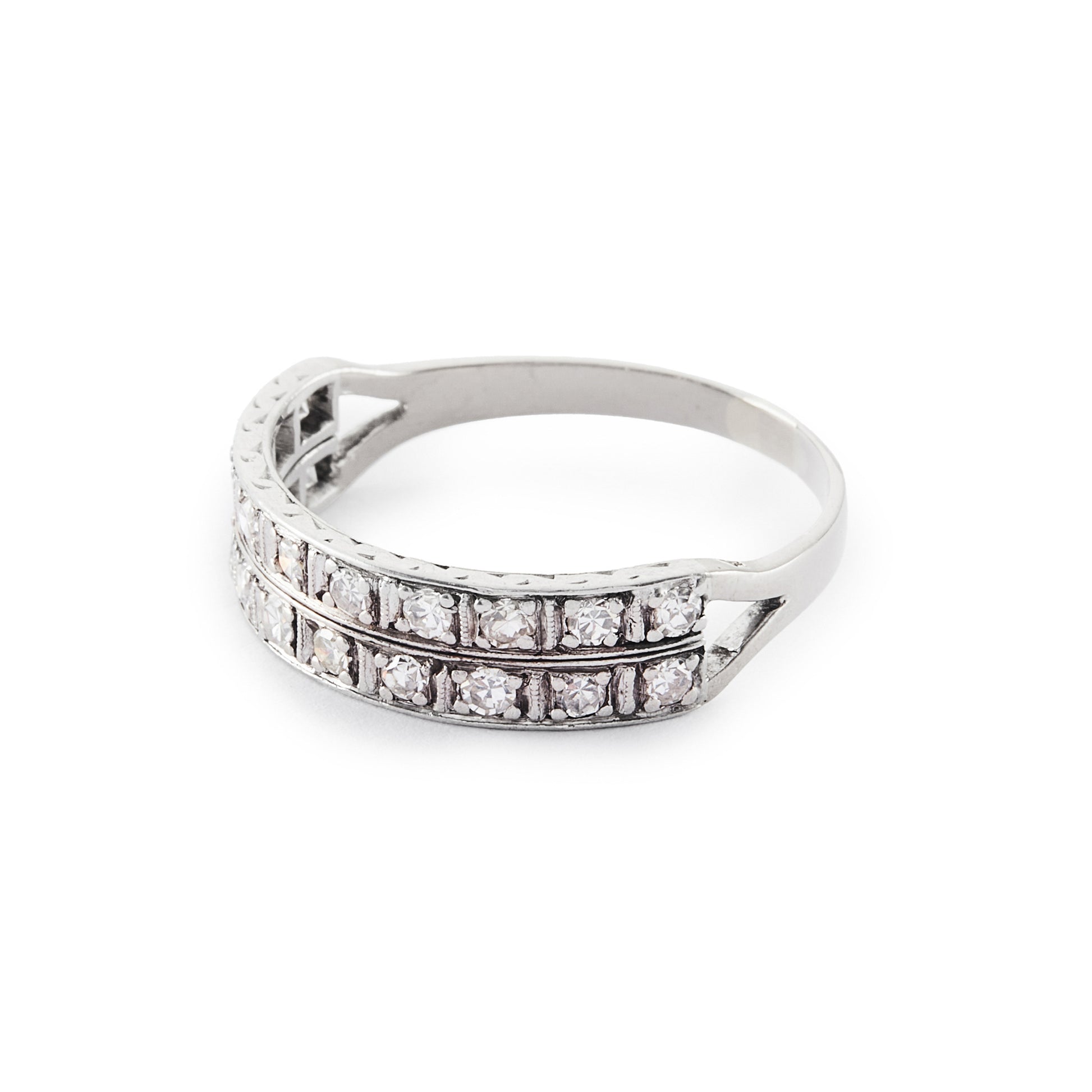 Stylish Art Deco platinum double band half-eternity ring set with twenty 0.05ct diamonds. Circa 1920’s