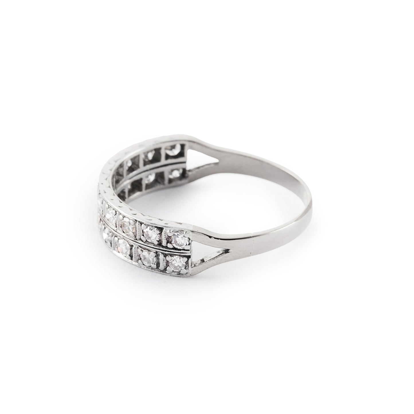 Stylish Art Deco platinum double band half-eternity ring set with twenty 0.05ct diamonds. Circa 1920’s