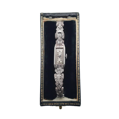 Glamorous Art Deco platinum ladies wrist watch set with forty-eight old-cut diamonds. Watch has been serviced and is in good working condition. Adjustable strap.