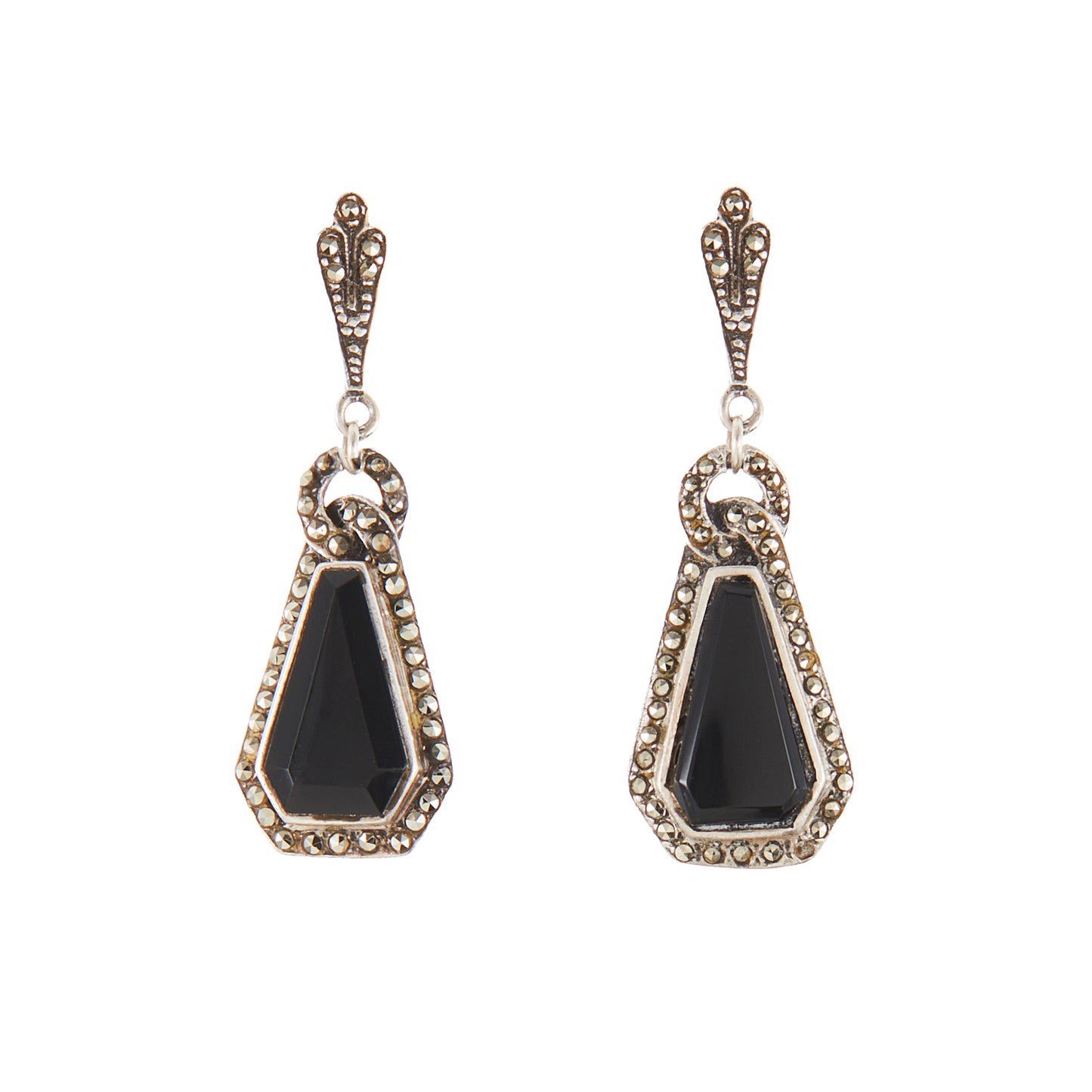 Sterling silver Art Deco marcasite earrings, each set with a faceted onyx stone, surrounded by marcasites.