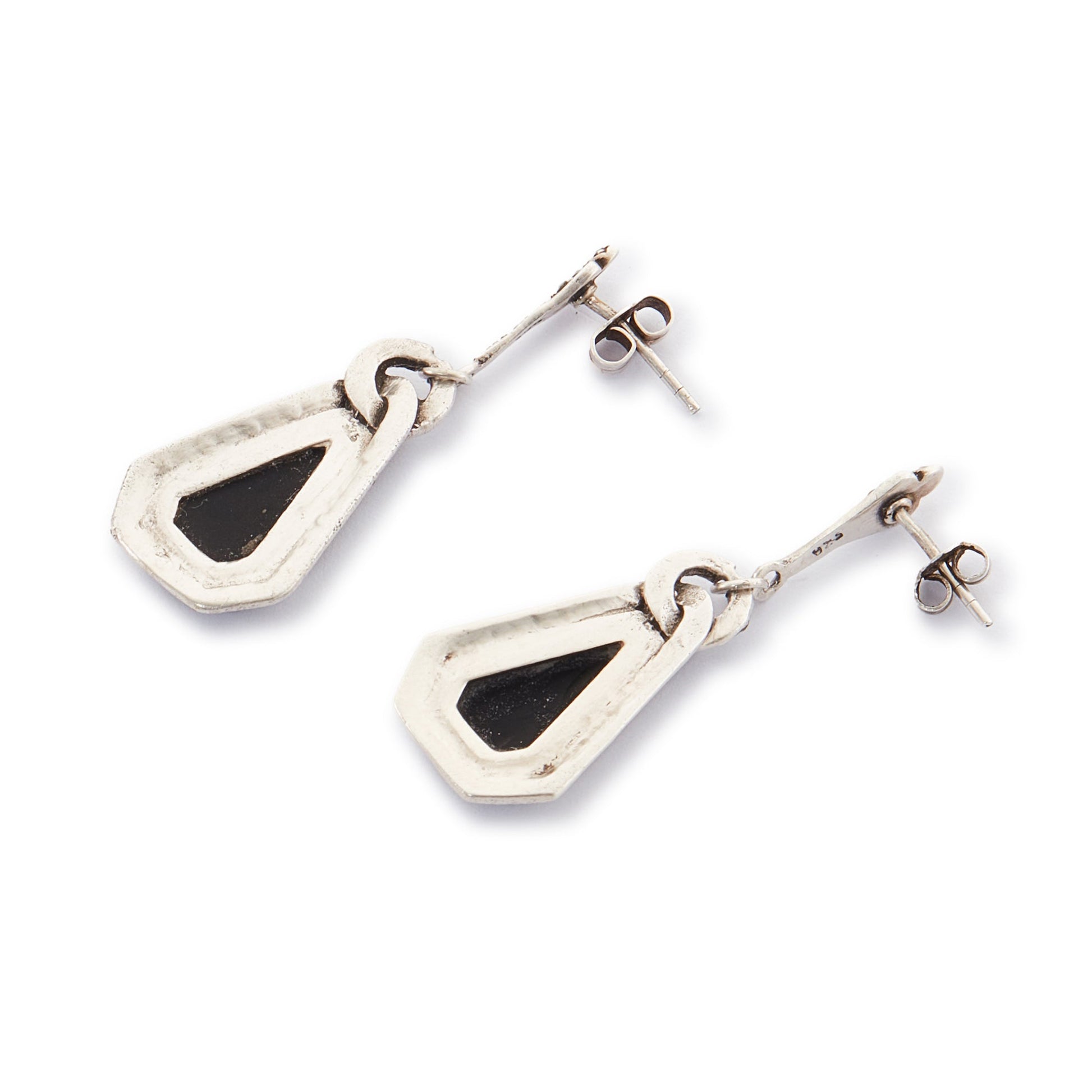 Sterling silver Art Deco marcasite earrings, each set with a faceted onyx stone, surrounded by marcasites.