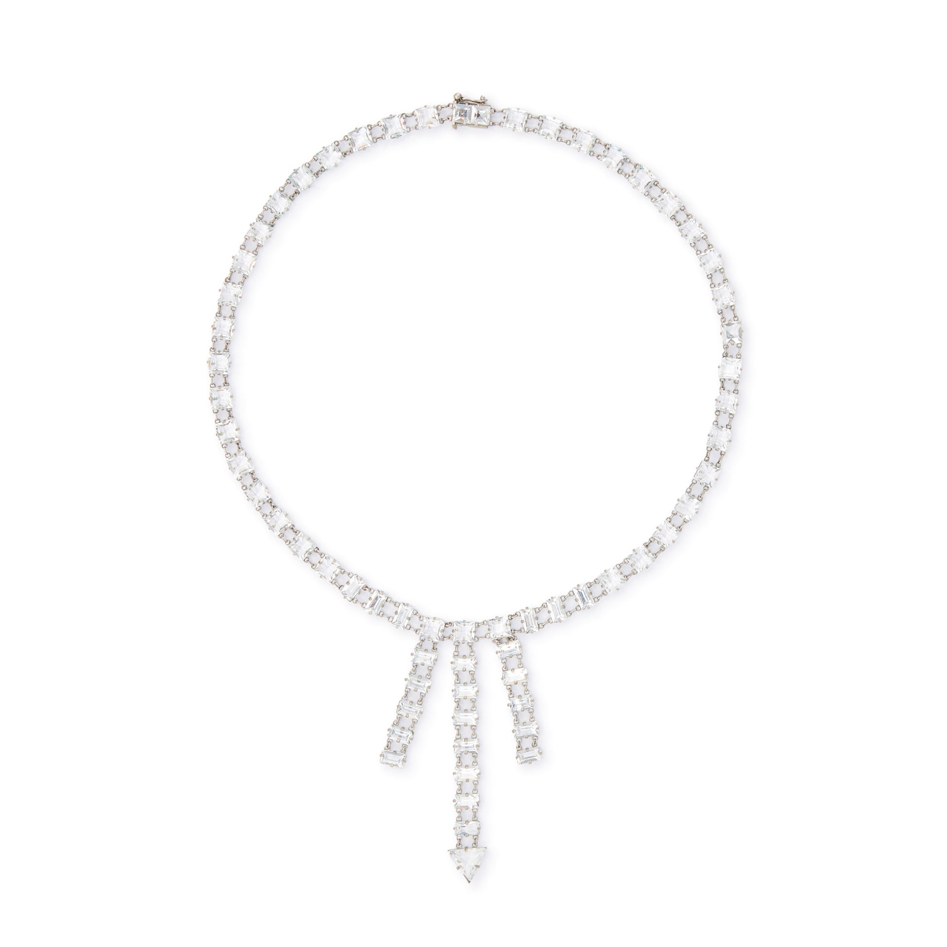 Exquisite Art Deco silver plated necklace set with Austrian crystals. The necklace has a safety clasp. Ideal accessory for a bride or special occasion.