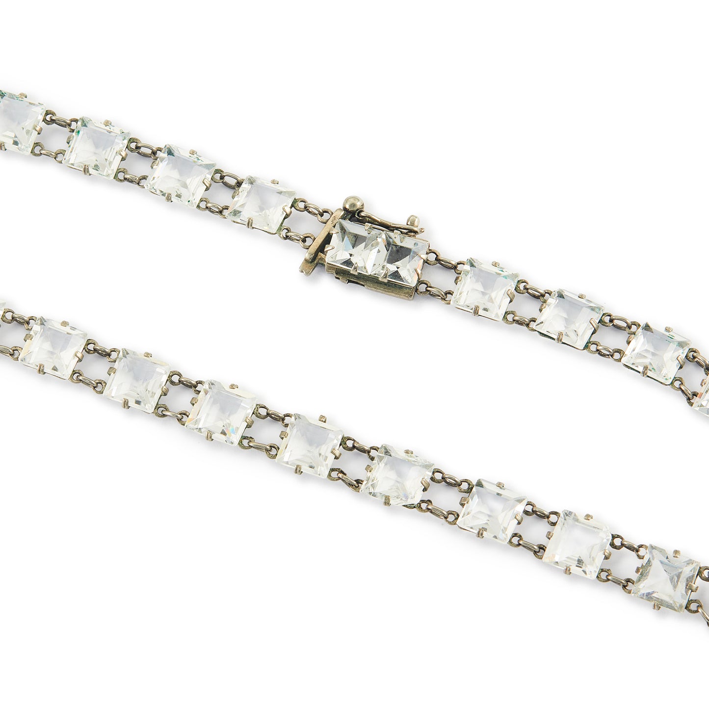 Exquisite Art Deco silver plated necklace set with Austrian crystals. The necklace has a safety clasp. Ideal accessory for a bride or special occasion.