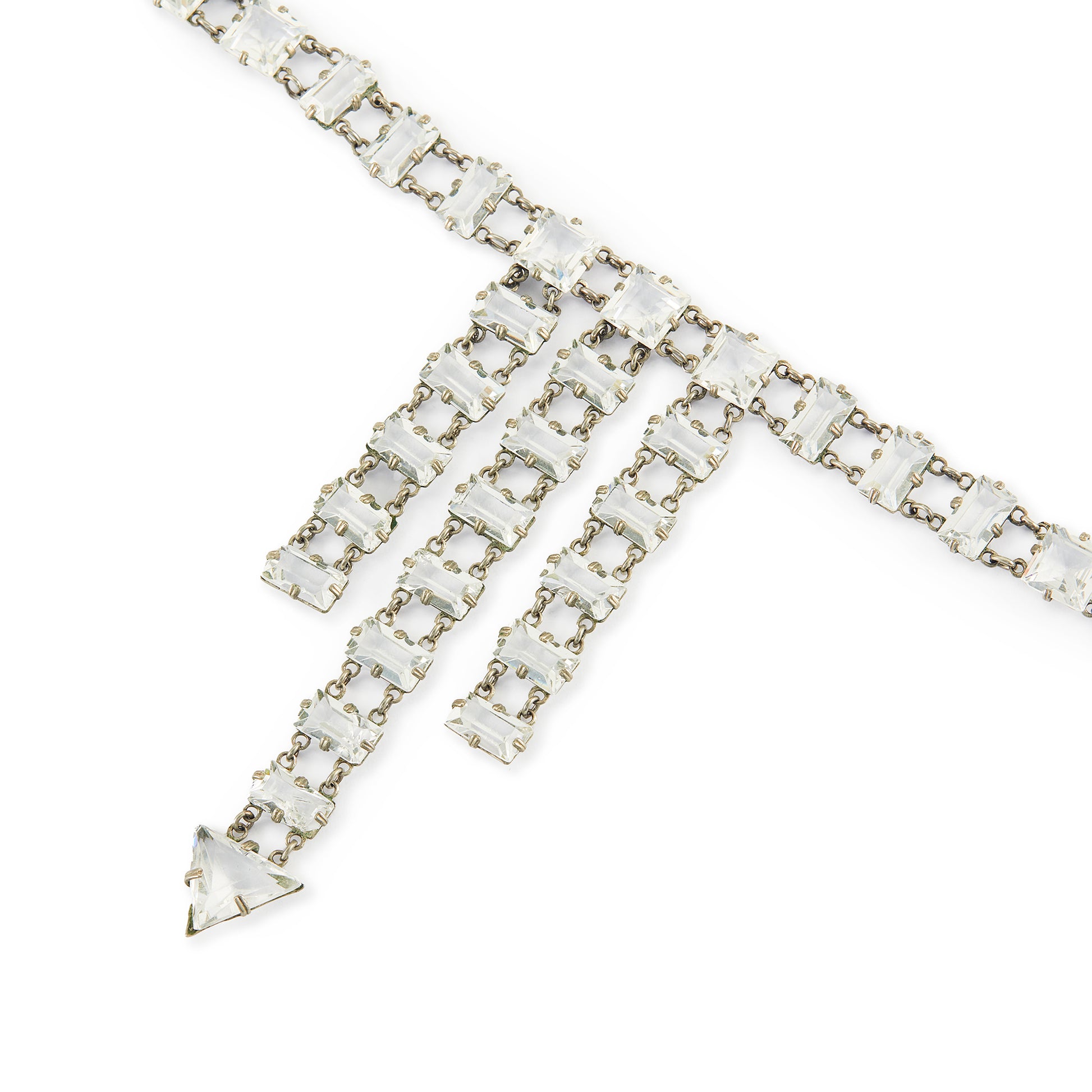 Exquisite Art Deco silver plated necklace set with Austrian crystals. The necklace has a safety clasp. Ideal accessory for a bride or special occasion.