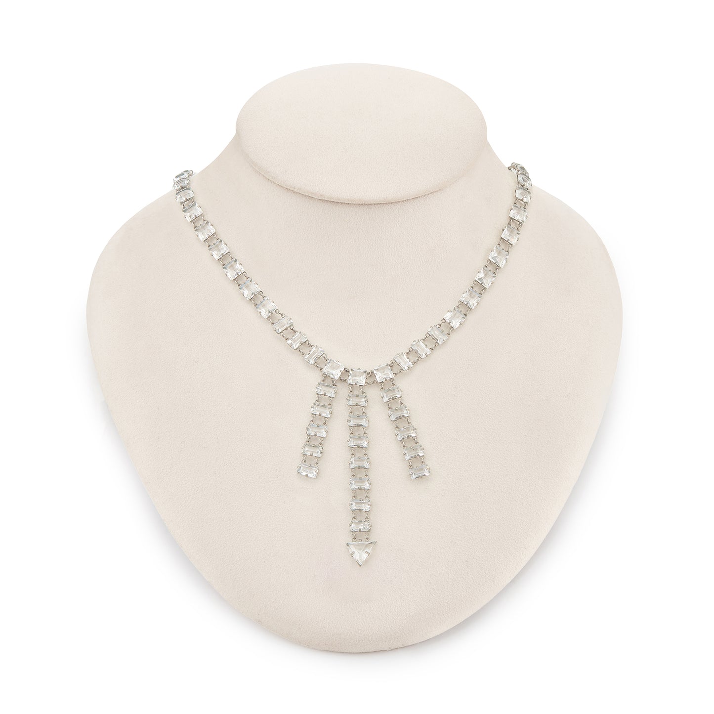 Exquisite Art Deco silver plated necklace set with Austrian crystals. The necklace has a safety clasp. Ideal accessory for a bride or special occasion.
