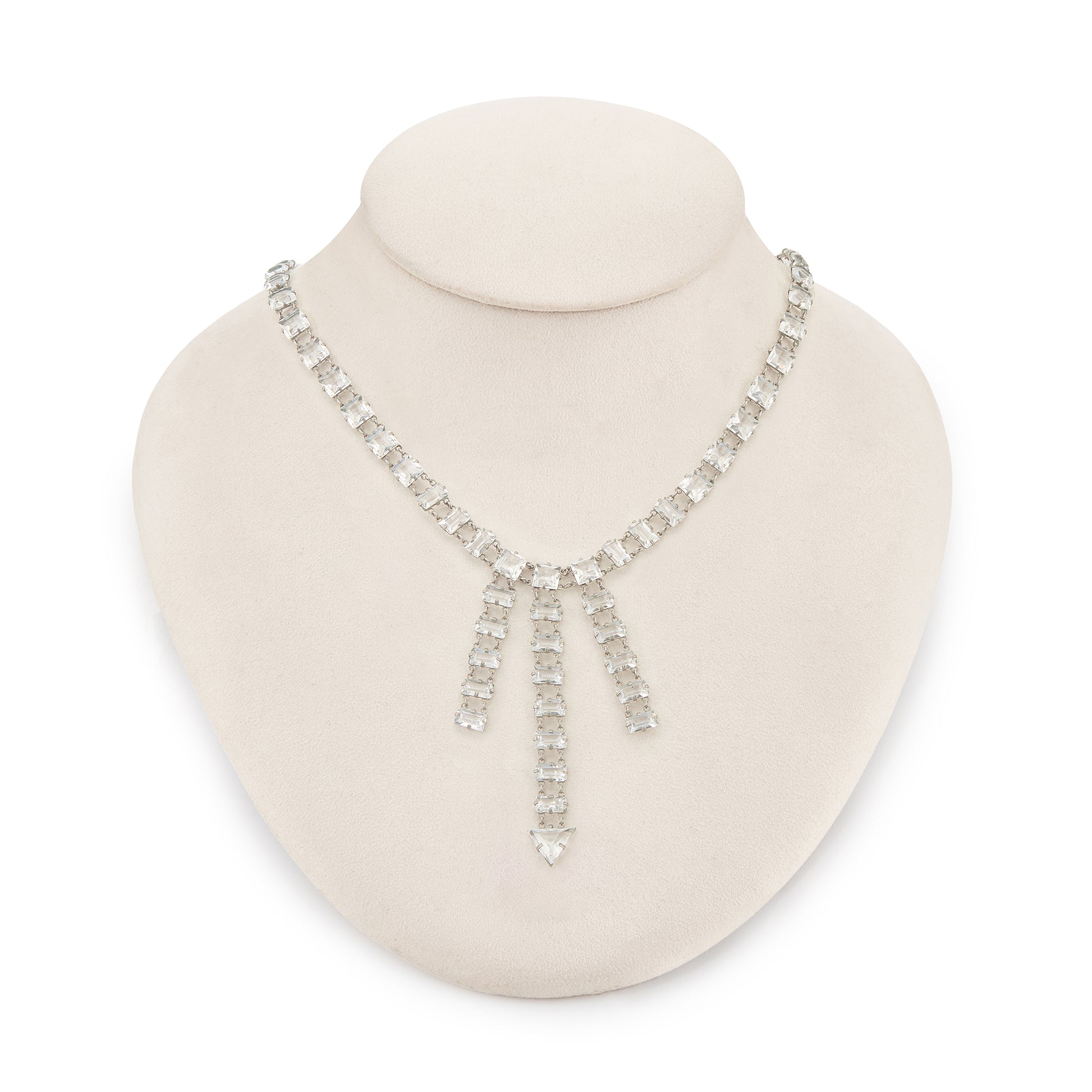 Exquisite Art Deco silver plated necklace set with Austrian crystals. The necklace has a safety clasp. Ideal accessory for a bride or special occasion.