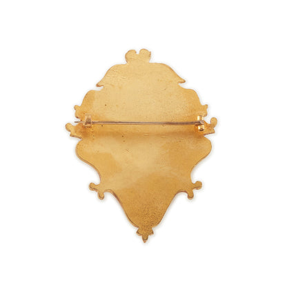 Exquisite large French Art Nouveau enamelled brooch with the centrepiece depicting a portrait of a lady, in an elaborate gold plated frame with scroll design.