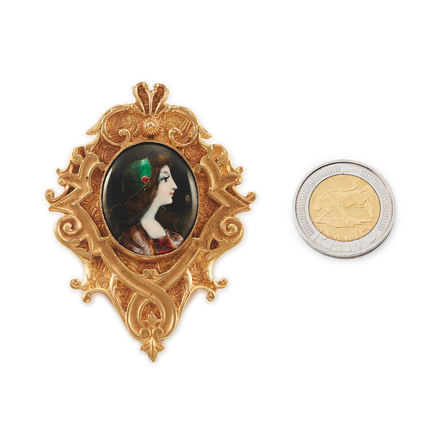Exquisite large French Art Nouveau enamelled brooch with the centrepiece depicting a portrait of a lady, in an elaborate gold plated frame with scroll design.