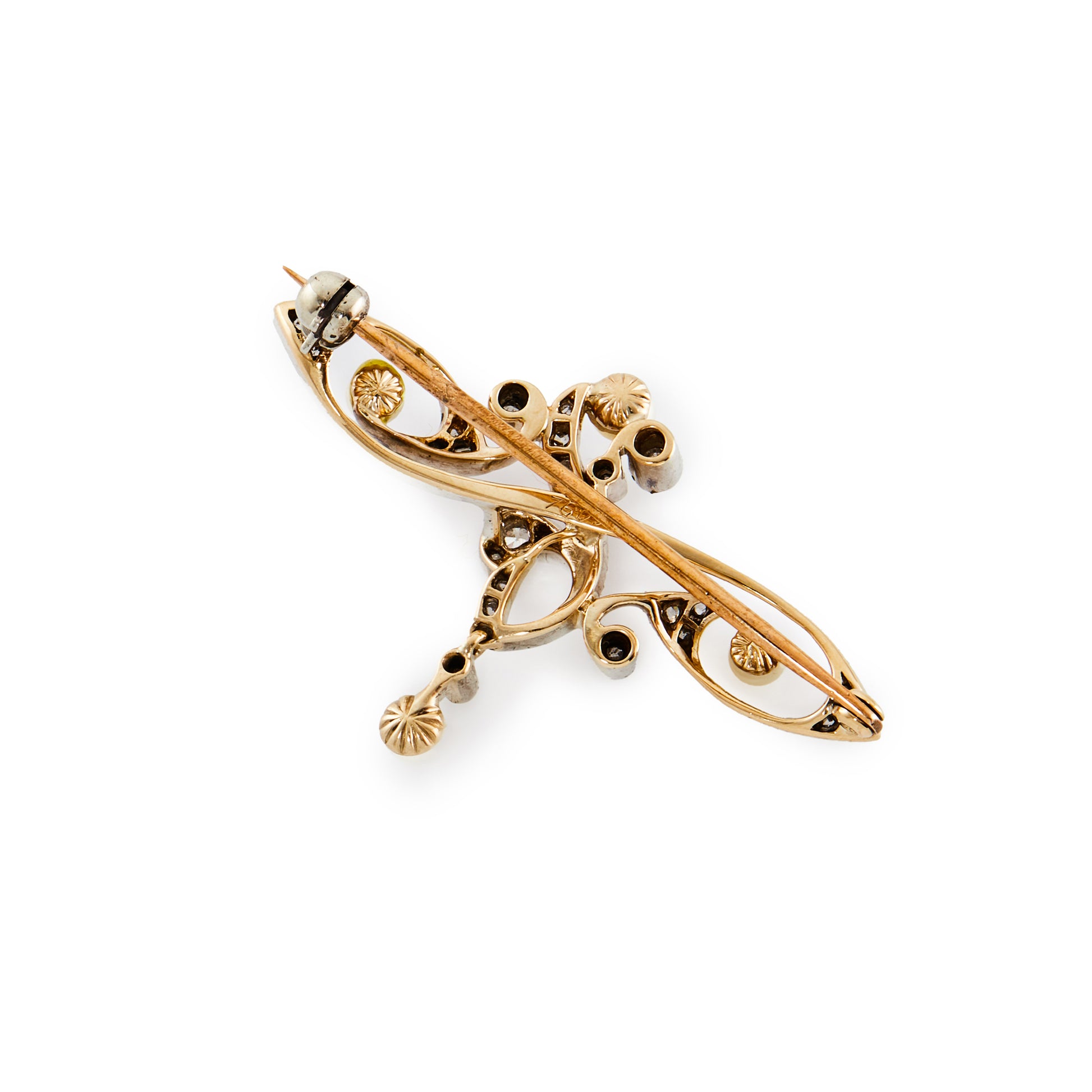 Delicate rose gold and silver Art Nouveau brooch set with old cut diamonds and four small pearls in a free flowing design, with a small diamond and pearl drop.