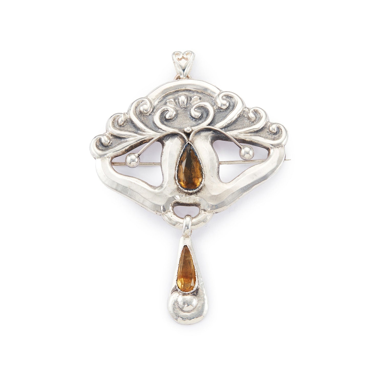 Gorgeous large Art Nouveau repoussé silver and citrine Scandinavian pendant which can also be worn as a brooch. Pin and pendant attachments have been replaced.