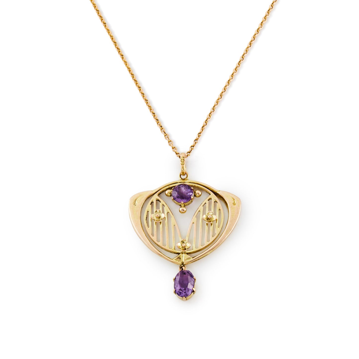 Exquisite Arts and Crafts 9ct gold pendant set with two faceted amethysts, on a 9ct gold belcher link chain with a barrel clasp.