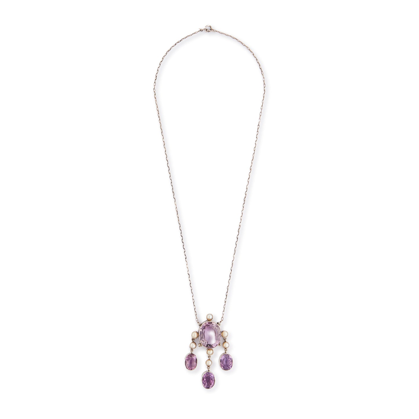 Beautiful Arts and Crafts silver necklace set with four chunky purple faceted amethysts, seven lustrous pearls and four tiny mine-cut diamonds. The necklace has a lovely toggle clasp.