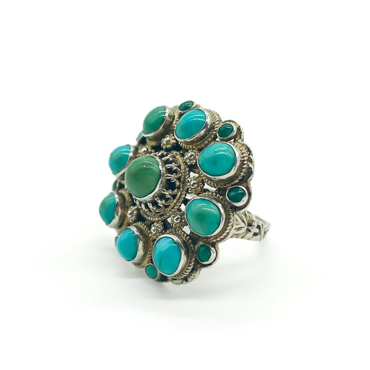 Gorgeous Austro-Hungarian silver gilt ring set with natural turquoise stones. Circa 1910