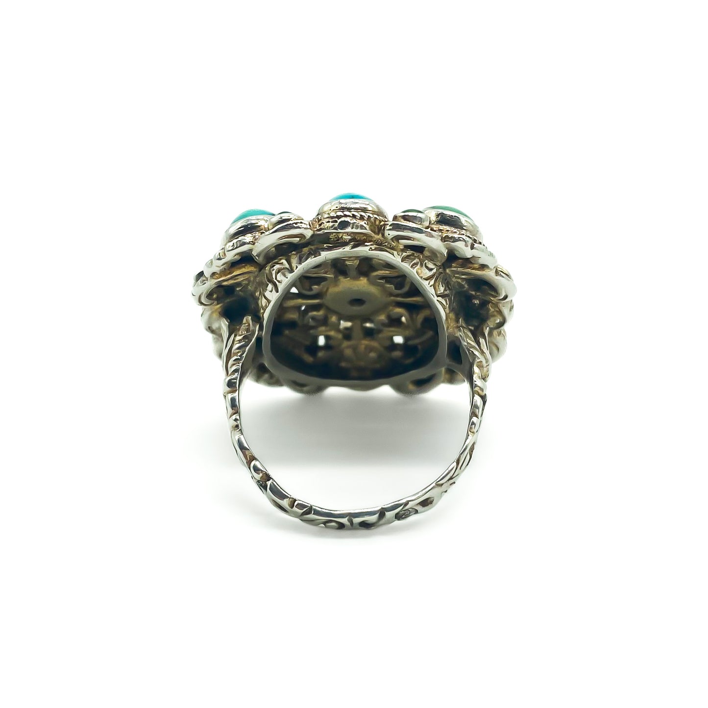 Gorgeous Austro-Hungarian silver gilt ring set with natural turquoise stones. Circa 1910