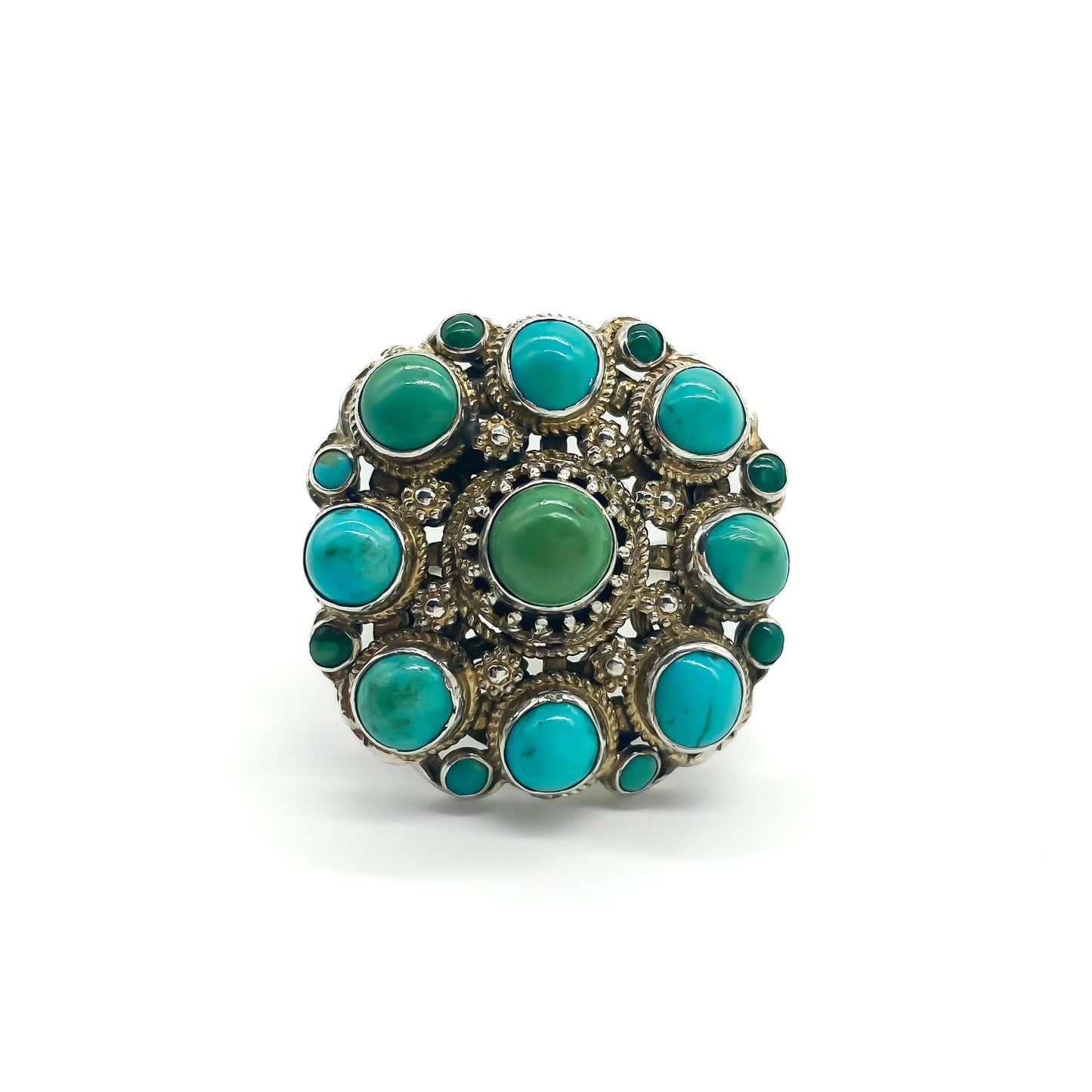 Gorgeous Austro-Hungarian silver gilt ring set with natural turquoise stones. Circa 1910