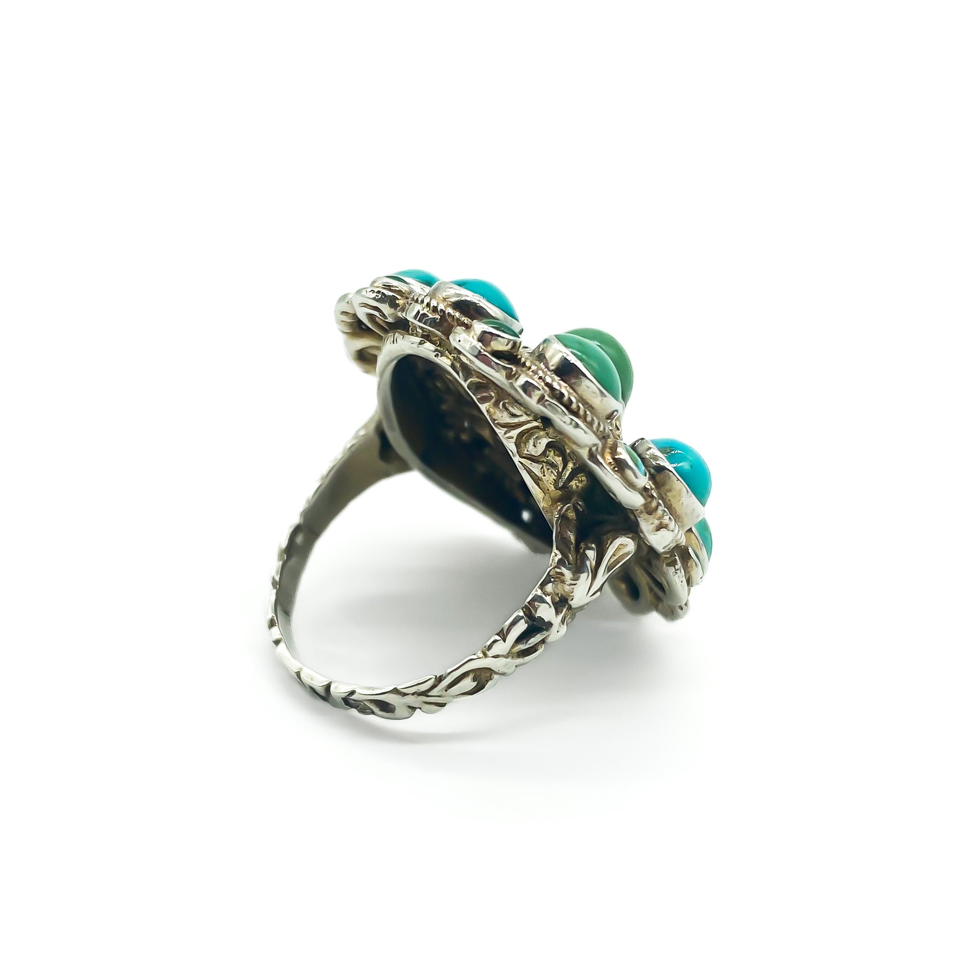 Gorgeous Austro-Hungarian silver gilt ring set with natural turquoise stones. Circa 1910