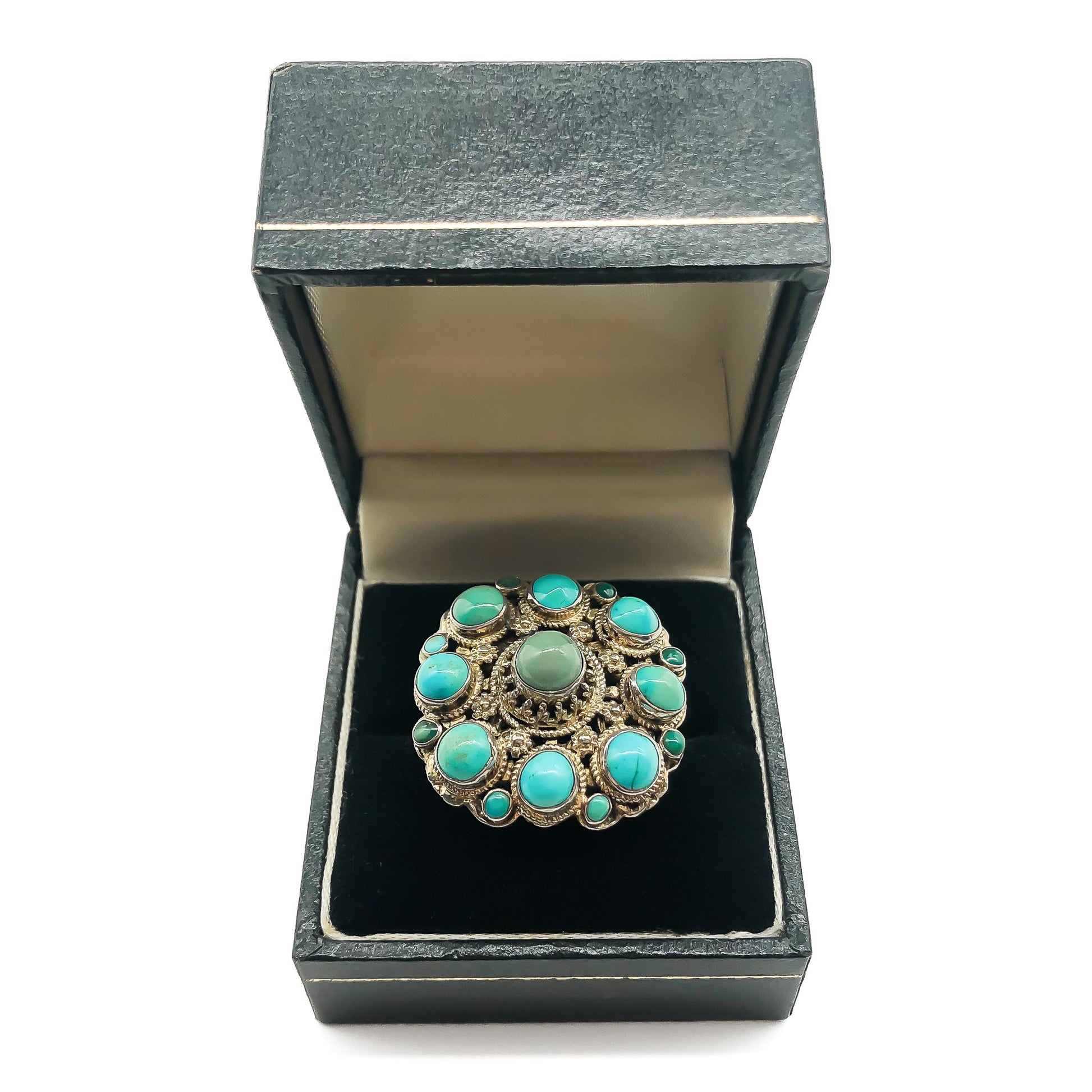 Gorgeous Austro-Hungarian silver gilt ring set with natural turquoise stones. Circa 1910