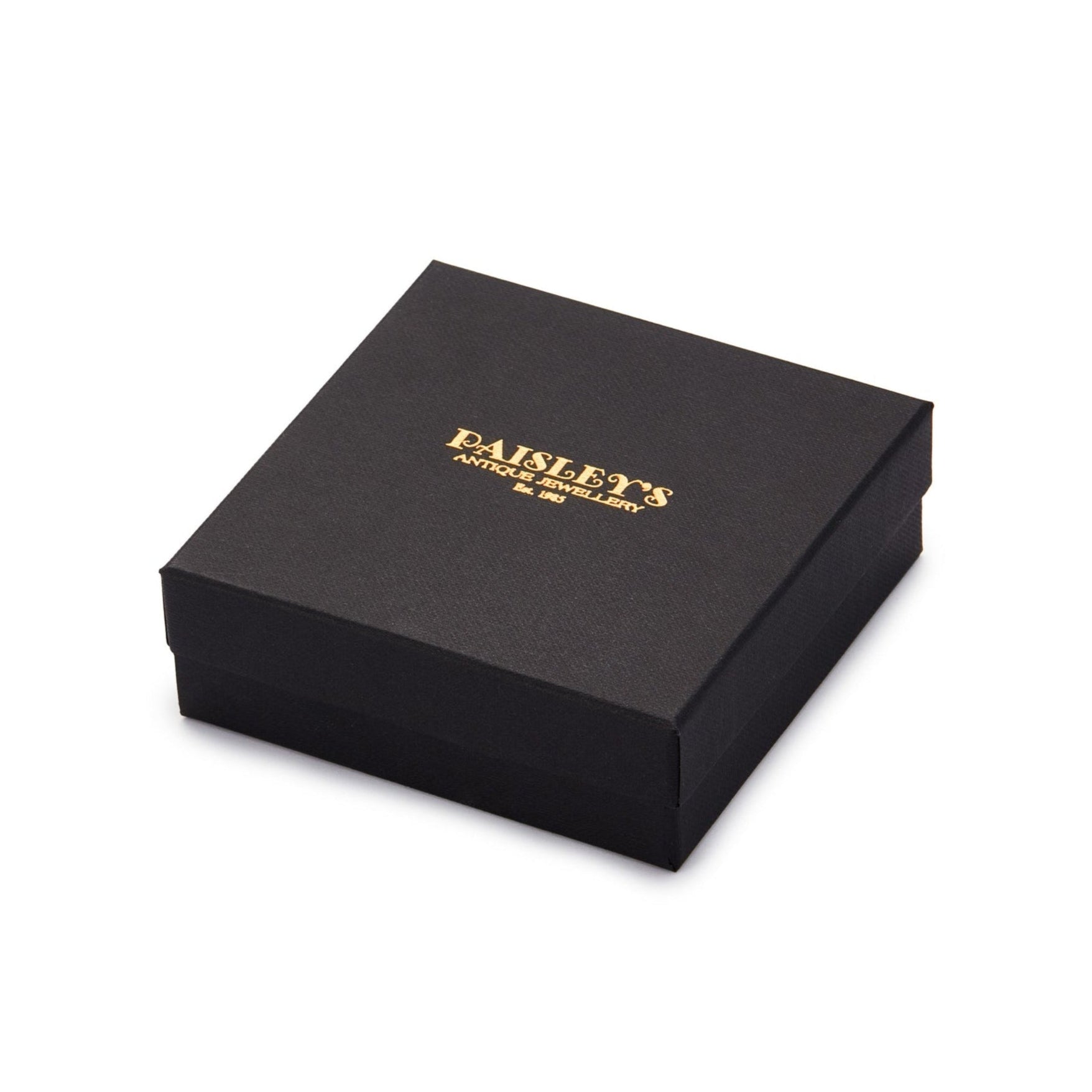 Black luxury jewellery box with a gold foil Paisley's Antique Jewellery logo.