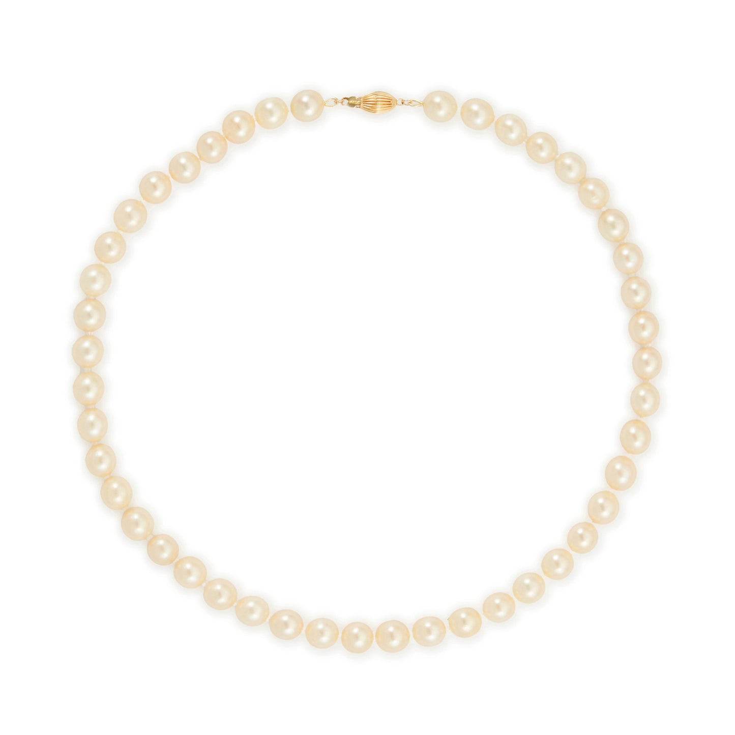 Beautiful pearl necklace with a 14ct gold clasp and forty-six perfectly round cultured seawater pearls. The pearls have a cream hue and a lovely lustre.