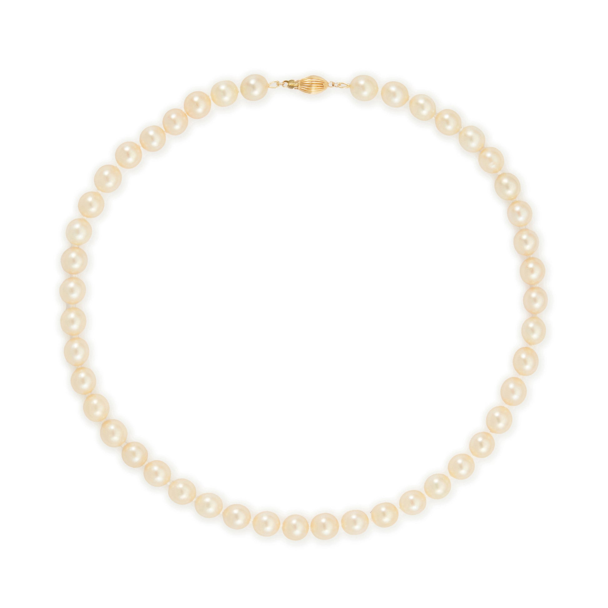 Beautiful pearl necklace with a 14ct gold clasp and forty-six perfectly round cultured seawater pearls. The pearls have a cream hue and a lovely lustre.