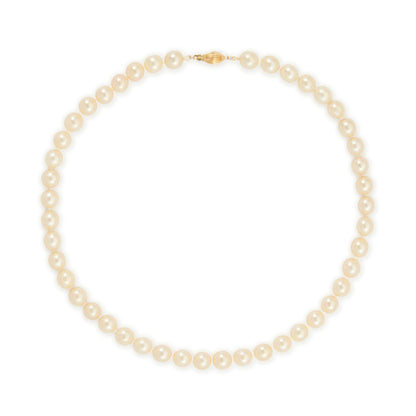 Beautiful pearl necklace with a 14ct gold clasp and forty-six perfectly round cultured seawater pearls. The pearls have a cream hue and a lovely lustre.