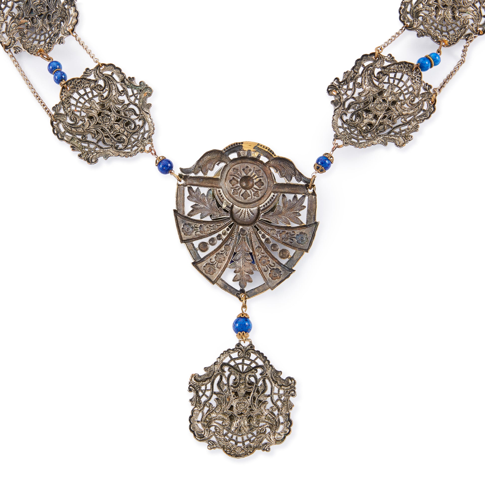Magnificent Egyptian Revival necklace set with faux cabochon lapis lazuli stones. Base metal featuring lots of intricate detail with a Pharaoh's head. Circa 1920’s