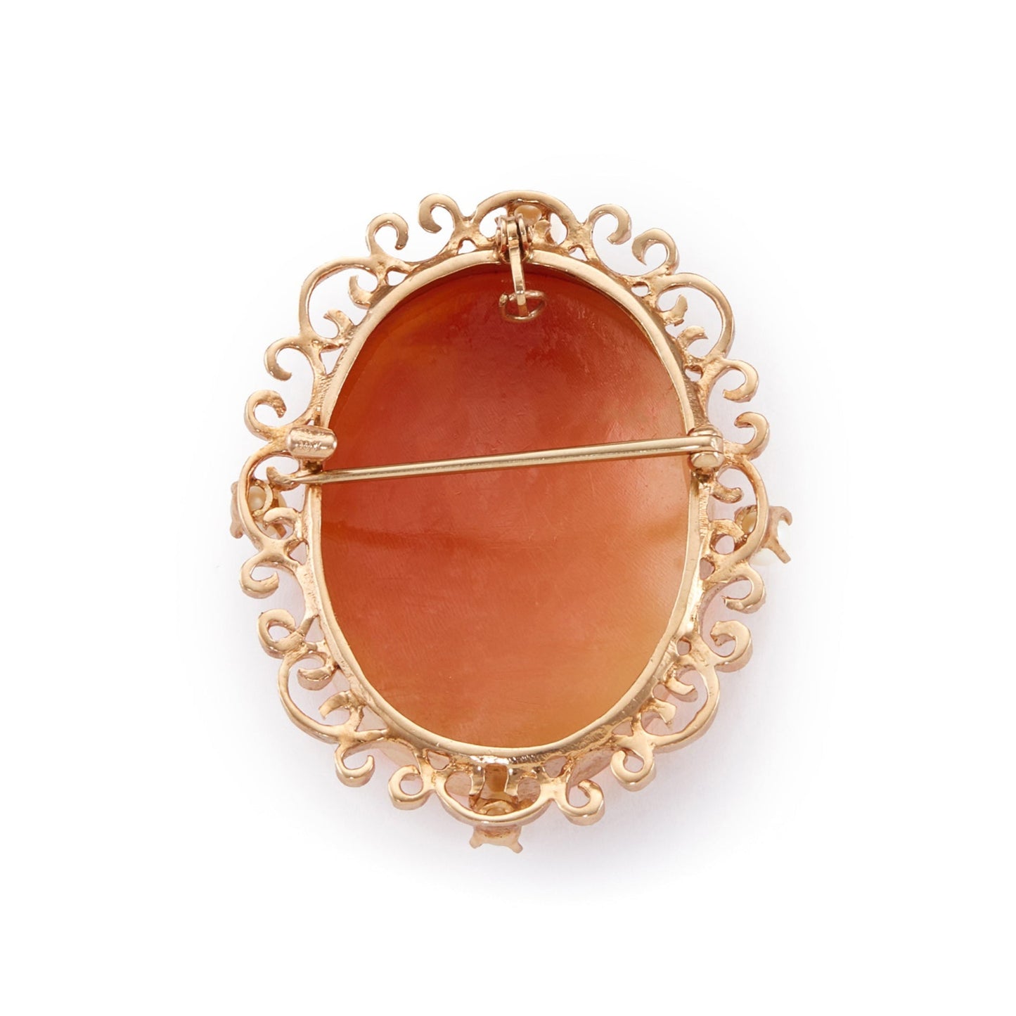 Charming Edwardian 10ct rose gold brooch depicting the Three Graces dancing merrily together. Surrounded by beautiful scrollwork and four pearls. Can also be worn as a pendant.